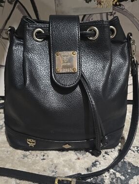 Vintage MCM Black Leather Drawstring Crossbody Bag